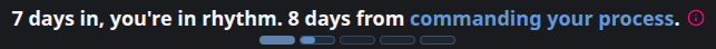 Passo Trading streak badge showing a 7-day Rhythm-tier streak, 8 days from Command